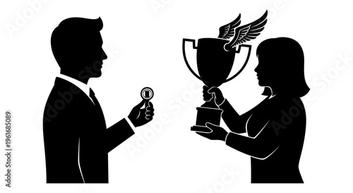 A man and woman exchanging a key and trophy Vector, illustration