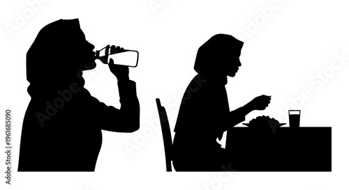 Silhouette of two people eating and drinking Vector, illustration