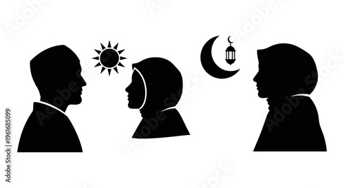 A black silhouette of three people facing each other Vector, illustration