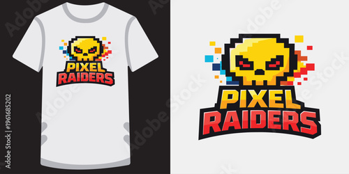 Creative retro pixel art design featuring a stylized skull with angry eyes and vibrant colors perfect for gaming merch and esports teams