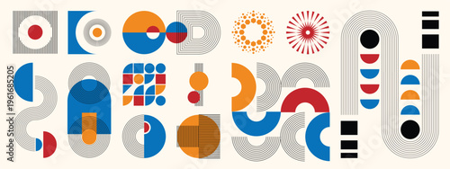 Mid century modern geometric abstract vector set with blue red yellow black circles, arches and striped retro modular elements. Minimal decorative design for posters, branding, wall art and layouts.