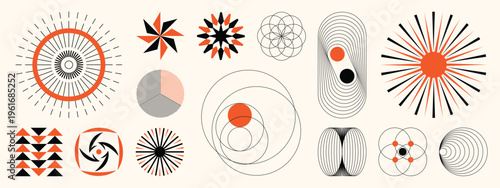 Mid century modern geometric abstract vector set with orange black radial sunburst circle line and retro atomic shapes. Minimal vintage design elements for posters, branding, wall art and decorative.