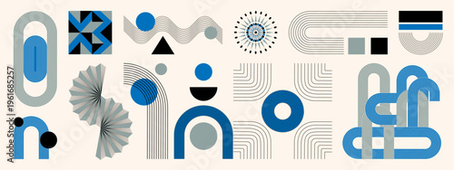 Mid century modern geometric abstract vector set with blue gray black line shapes, arches, circles and retro modular elements. Minimal decorative design for posters, branding, wall art and layouts.