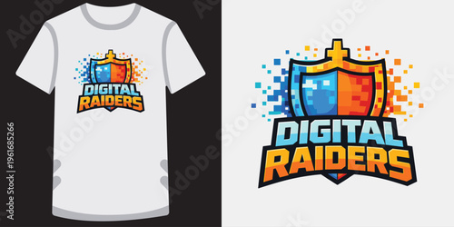 Creative retrostyle pixelated gaming logo design for esports team on white tshirt mockup showcase