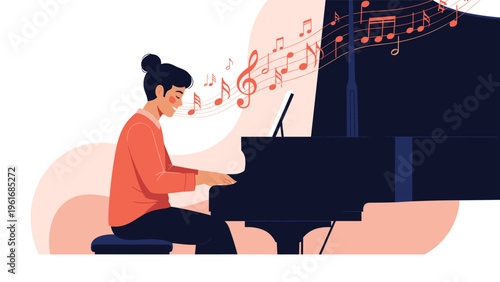 Talented woman playing the grand piano with passion while musical notes fly out in a beautiful melody against a soft pink background.