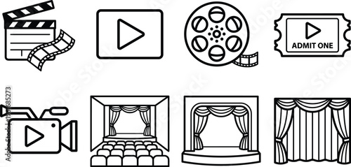 Cinema and video production icons set clapper play button film reel ticket camera theater stage curtains vector outline illustration
