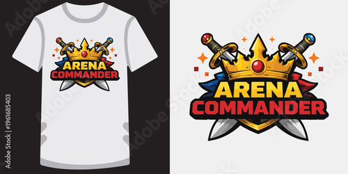 Creative stylish gaming logo design featuring crossed swords and golden crown with bold typography text ideal for esports teams and video game enthusiasts