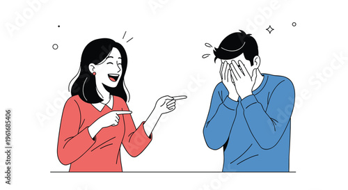 Cheerful woman points and laughs at a man who is shyly covering his face with his hands during a funny moment.