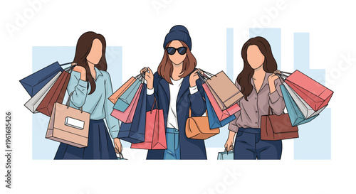 Three stylish friends walk together in the city while carrying numerous shopping bags from their retail therapy trip.