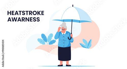 Elderly woman under an umbrella wipes away sweat to raise awareness about the dangers of heatstroke and high heat.