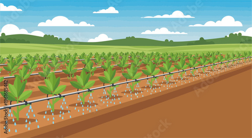 Drip irrigation system watering rows of young green plants in a cultivated field under a blue sky with clouds.