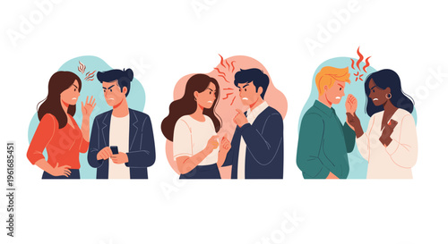 Several couples engage in heated arguments and disagreements as they struggle with relationship conflicts.