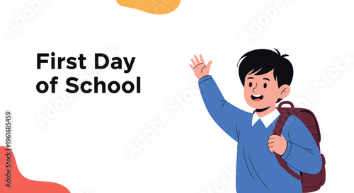 Happy schoolboy with a backpack waves goodbye as he prepares for his exciting first day of school celebrations.