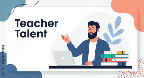 Confident teacher stands at his desk with a laptop and books to present his expertise on teacher talent and skills.