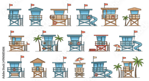 Diverse collection of lifeguard tower designs shows the variety of architectural styles used at beach resorts.