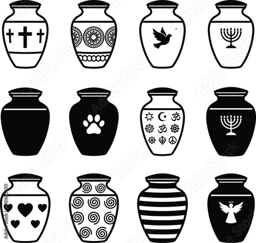 Funeral urn silhouette set with religious symbols memorial ashes containers collection remembrance icons minimal black vector illustration design pack