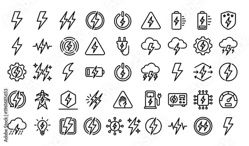 Modern lightning bolt outline icons collection with electric power energy and circle symbols vector set