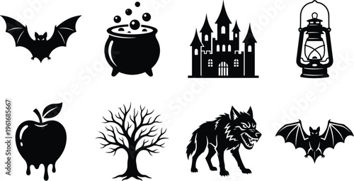 Halloween icons set with bat cauldron castle lantern wolf tree and poisoned apple silhouettes vector illustration spooky design elements