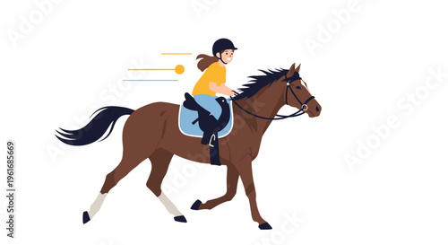 Young girl wearing a safety helmet rides a powerful brown horse at a fast pace during her equestrian training.