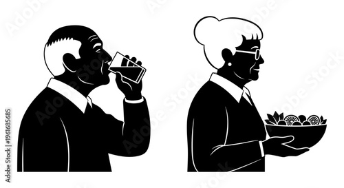 A man and woman in silhouette eating and drinking Vector, illustration
