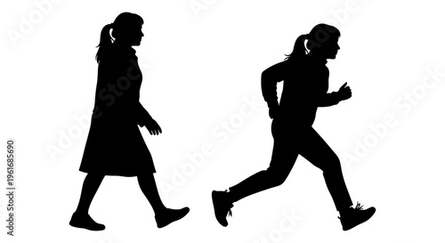 Silhouettes of a woman walking and a woman running Vector, illustration