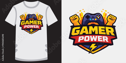 Creative vibrant gamer power logo design featuring video game controller and strong fists illustration perfect for esports teams and gaming enthusiasts tshirt print