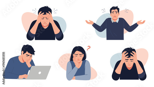Group of individuals experiencing various forms of stress including headaches, confusion, and exhaustion while working or studying hard.
