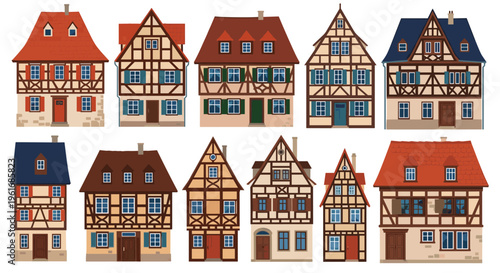 Beautiful collection of traditional European half-timbered houses showcases the charm of historic architecture.