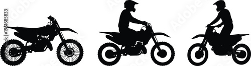 Motocross riders silhouettes on dirt bikes off road racing action vector illustration extreme sport motorcycle isolated black design