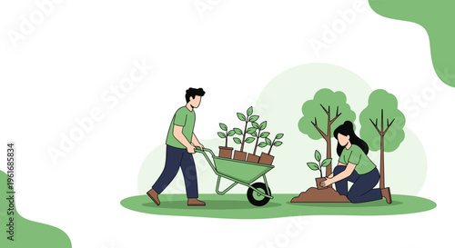 Volunteers planting trees and carrying saplings in a wheelbarrow to promote environmental sustainability and reforestation efforts.