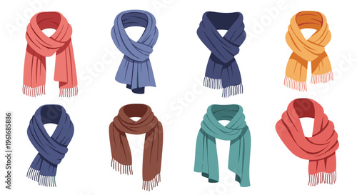 Set of stylish colorful winter scarves in different shades and styles to keep warm during the cold autumn and winter seasons.