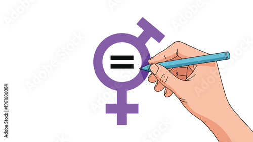 Human hand using a pen to draw an equals sign inside a purple gender symbol representing the movement for equality and justice for all.