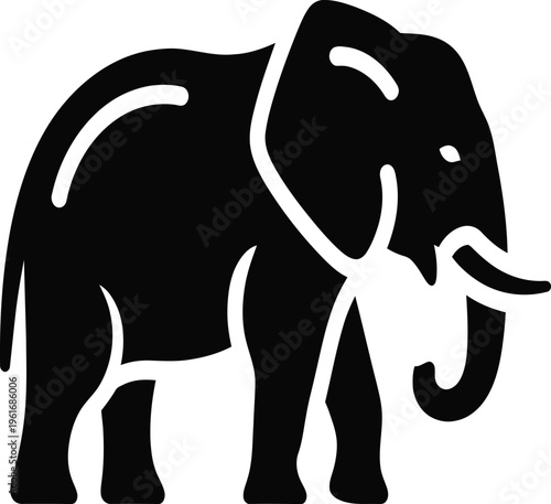 Black elephant silhouette standing isolated on white background
