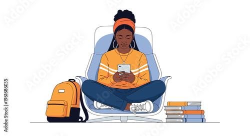 Young black woman sitting comfortably in a modern chair using her smartphone while surrounded by books and her backpack after study.