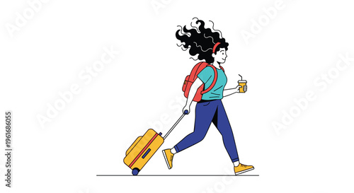 Enthusiastic woman running with a yellow suitcase and a cup of coffee towards her flight or travel adventure at the airport.