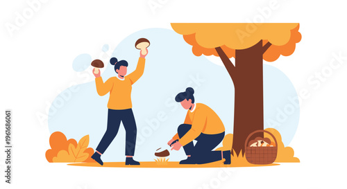 Women gathering wild mushrooms in the autumn forest under a large yellow tree and putting them into a wicker basket for a harvest.