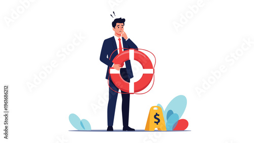 Concerned businessman in a formal suit holding a red and white lifebuoy while standing near a caution sign with a dollar currency symbol.