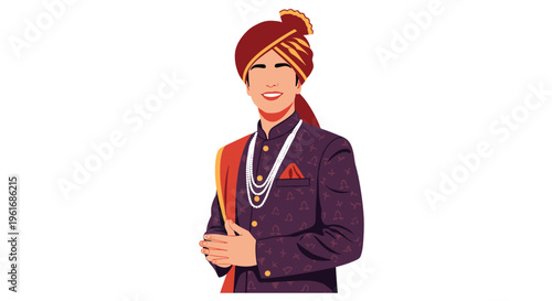 Handsome man dressed in traditional Indian groom attire with a decorated turban and jewelry for a cultural wedding ceremony.