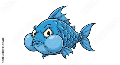 Angry Blue Fish with Puffy Cheeks and Bubbles