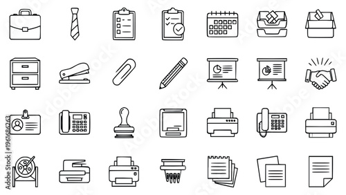 Office supplies and equipment icons for business and productivity needs