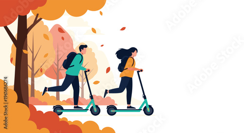 Young man and woman riding electric scooters through a scenic autumn park with falling orange and red leaves for a fun commute.
