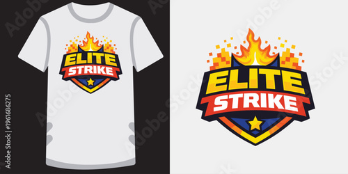 Creative vibrant gaming tshirt design featuring a bold elite strike emblem with flames and star details perfect for esports fans and gamers