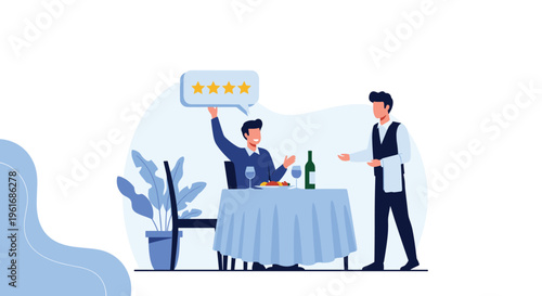 Satisfied customer giving a four star rating to a waiter after a pleasant dining experience at a restaurant with good service.