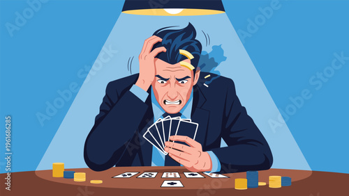 Stressed businessman in a suit sitting at a gambling table under a spotlight while feeling frustrated and anxious about his card game.