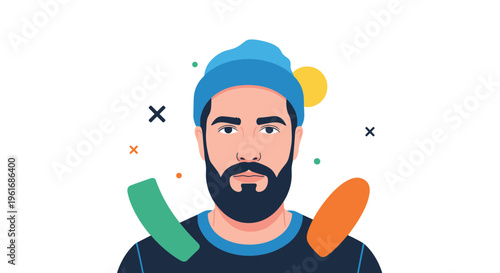 Stylish portrait of a bearded man wearing a blue beanie and casual clothes against a creative abstract background.