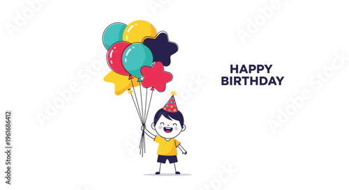 Cute little boy wearing a party hat and holding a colorful bunch of balloons to celebrate a happy birthday party.