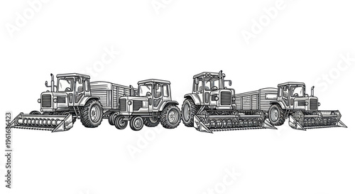 Vintage farm machinery line-up: combine harvesters and tractors, black and white sketch