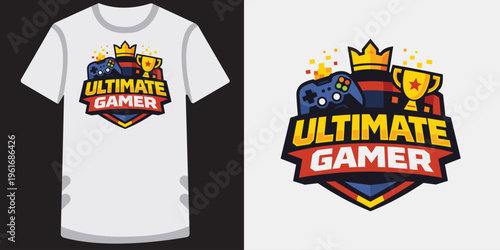 Creative vibrant ultimate gamer tshirt design featuring colorful gaming elements and trophies perfect for esports fans and video game enthusiasts looking for stylish apparel