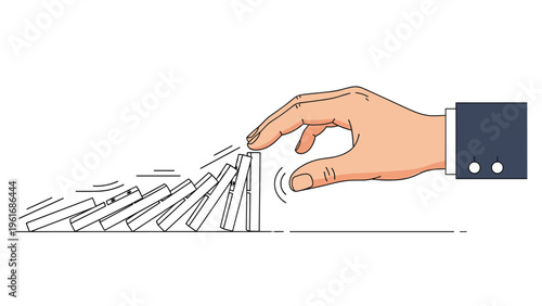 Hand of a businessman in a suit reaching out to stop a row of falling dominoes to prevent a chain reaction or business crisis.