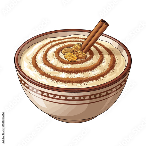 Creamy rice pudding with cinnamon swirl, raisins and cinnamon stick in bowl